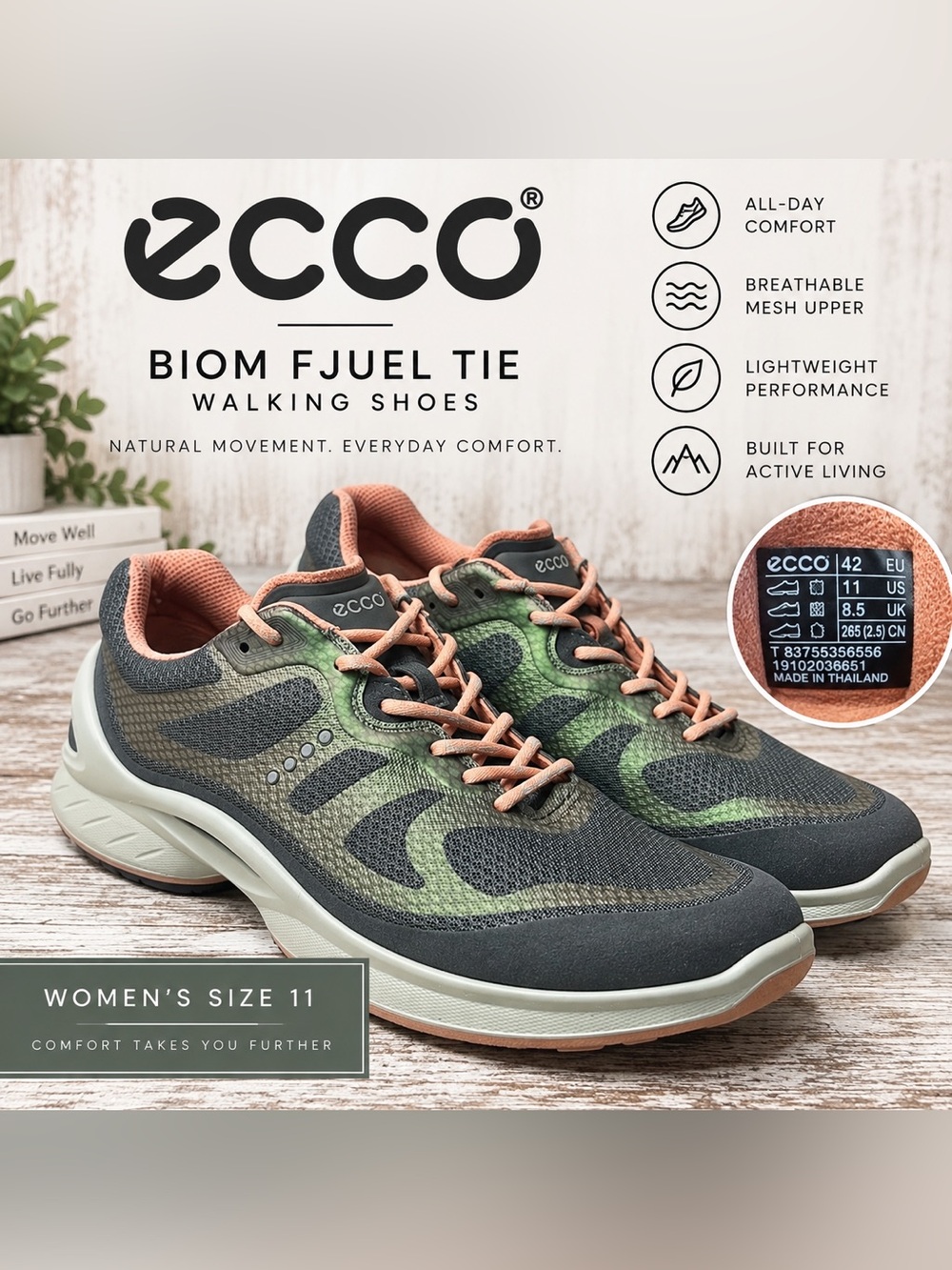 ECCO BIOM Fjuel Tie Walking Shoes Women’s Size 11 / EU 42 Green Gray Coral